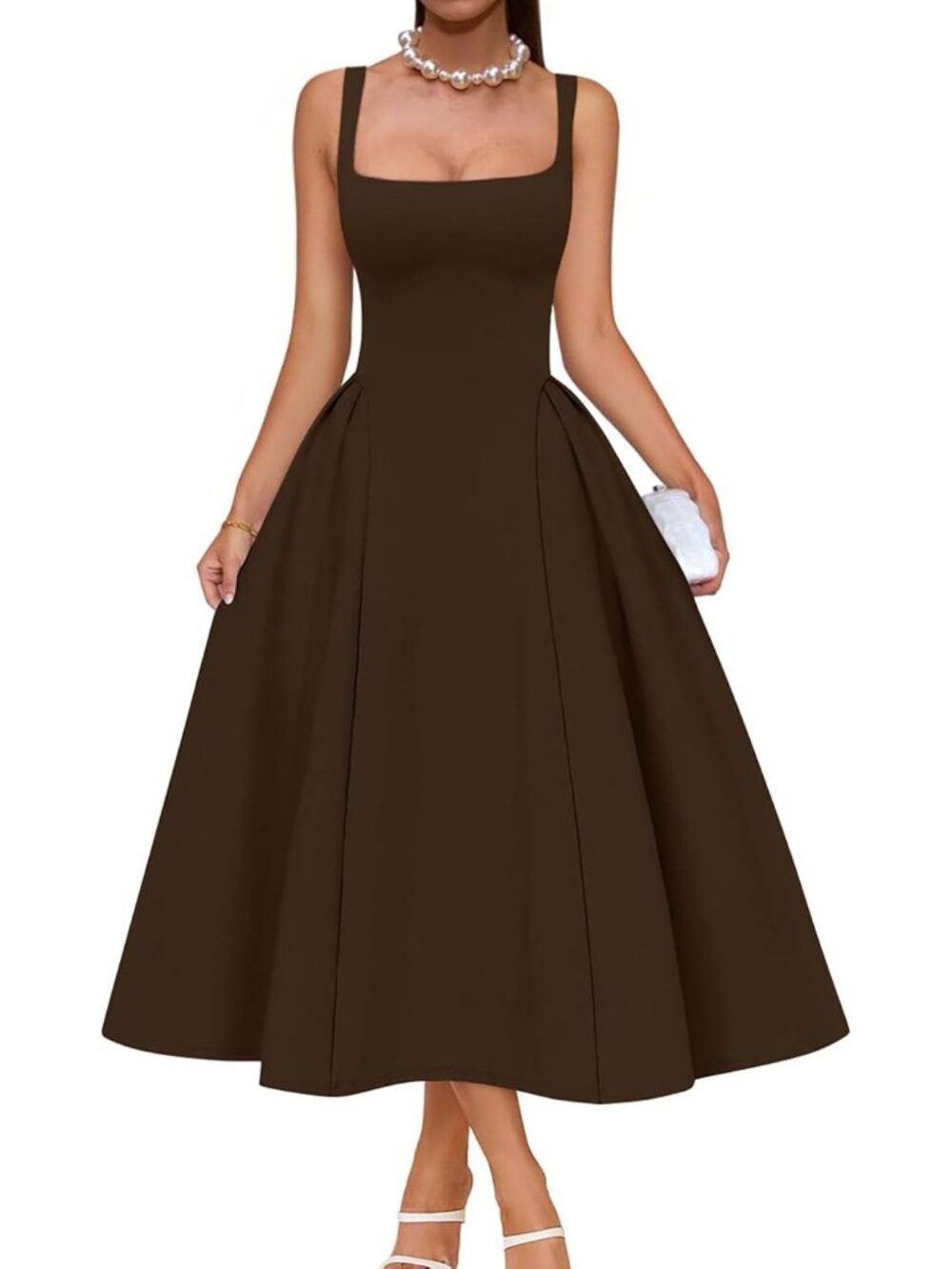 Women's Brown Elegant Square Neck Sleeveless Swing A Line Solid Midi Dress